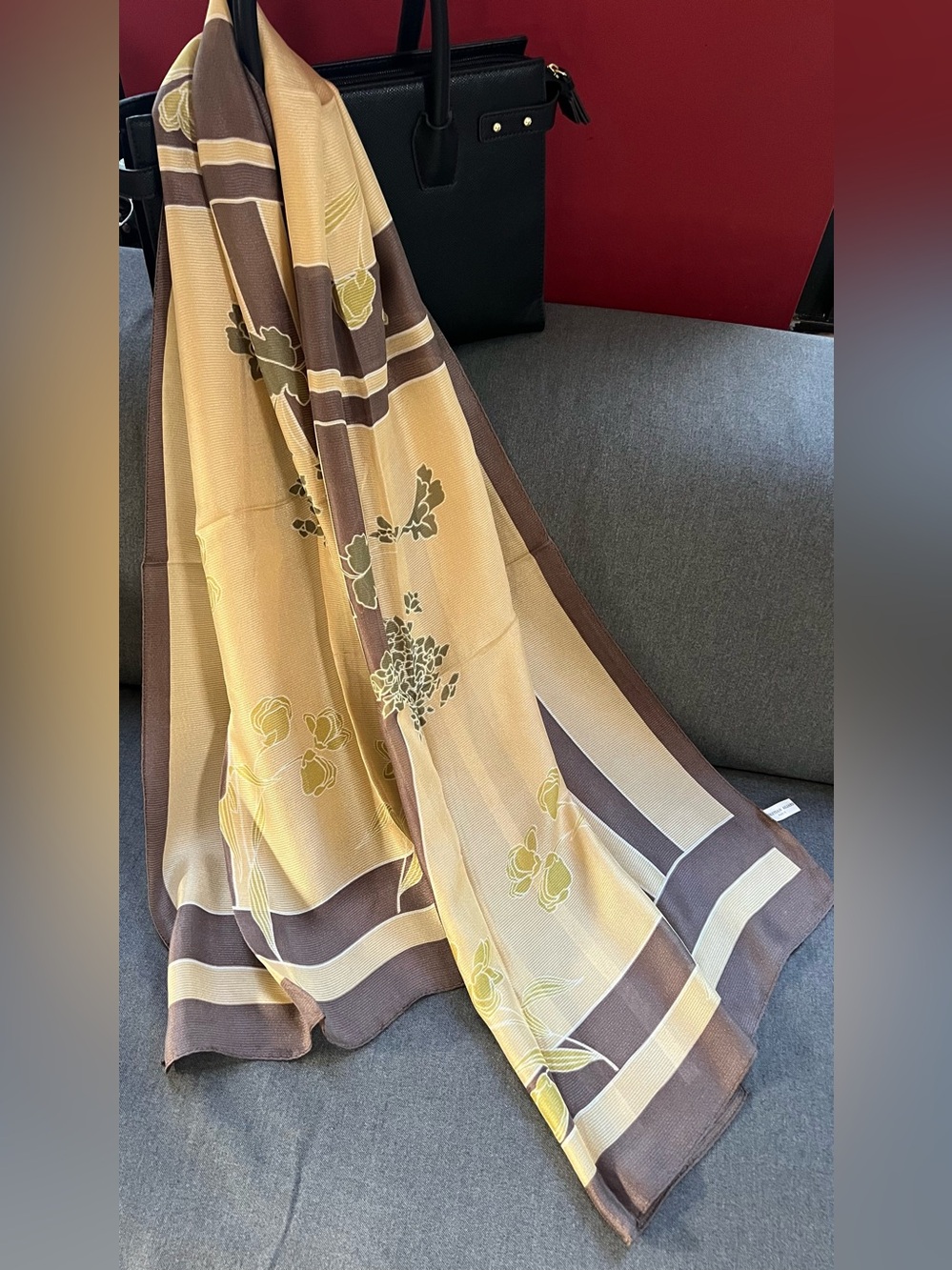 Christian Aujard Paris 100% Silk Scarf Oblong 20x78 Floral Border Gold Brown VTG
